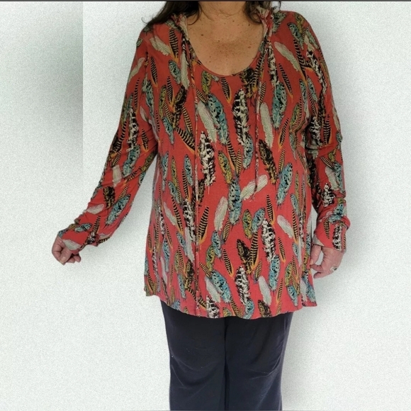 American Rag Feather Pattern Hoodie Shirt Soft Stretchy BOHO  Size 1X - Picture 9 of 9